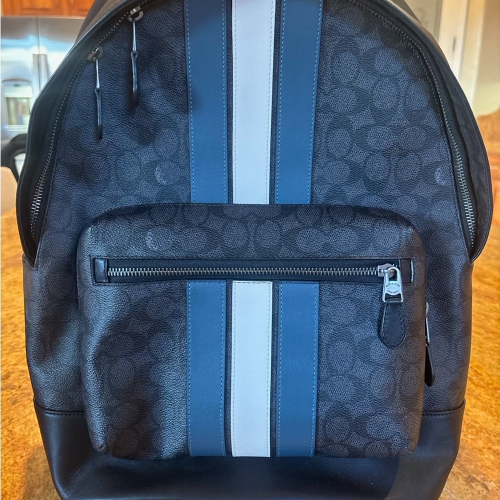 Coach Men's Backpack in Black and Blue with White Accents